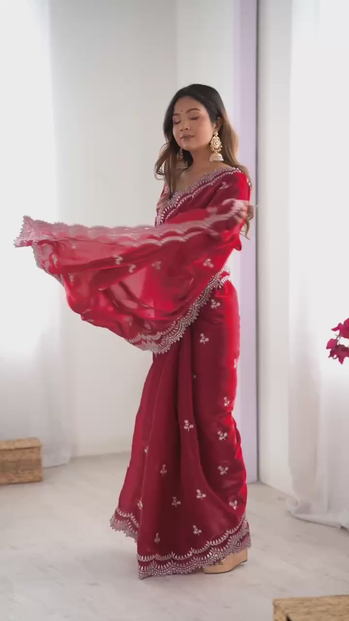 Deep Red Georgette Saree with White Embroidery and Scalloped Borders