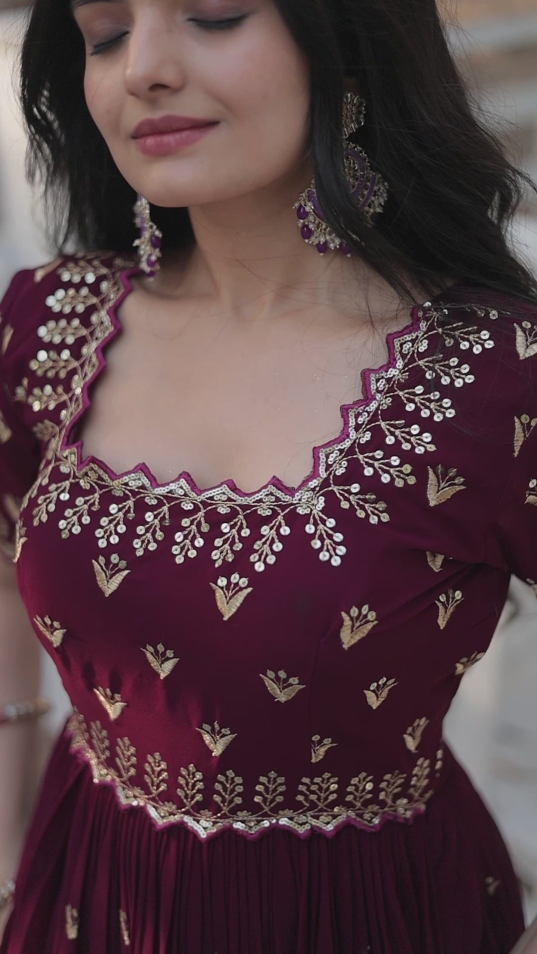Women’s Maroon Georgette Gown – Elegant Designer Wear with Embroidered Detailing