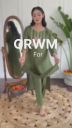 Women's Chanderi Green Kurta Set with Embroidered Yoke, 3/4 Sleeve, Round-Neck, Floral Printed Dupatta