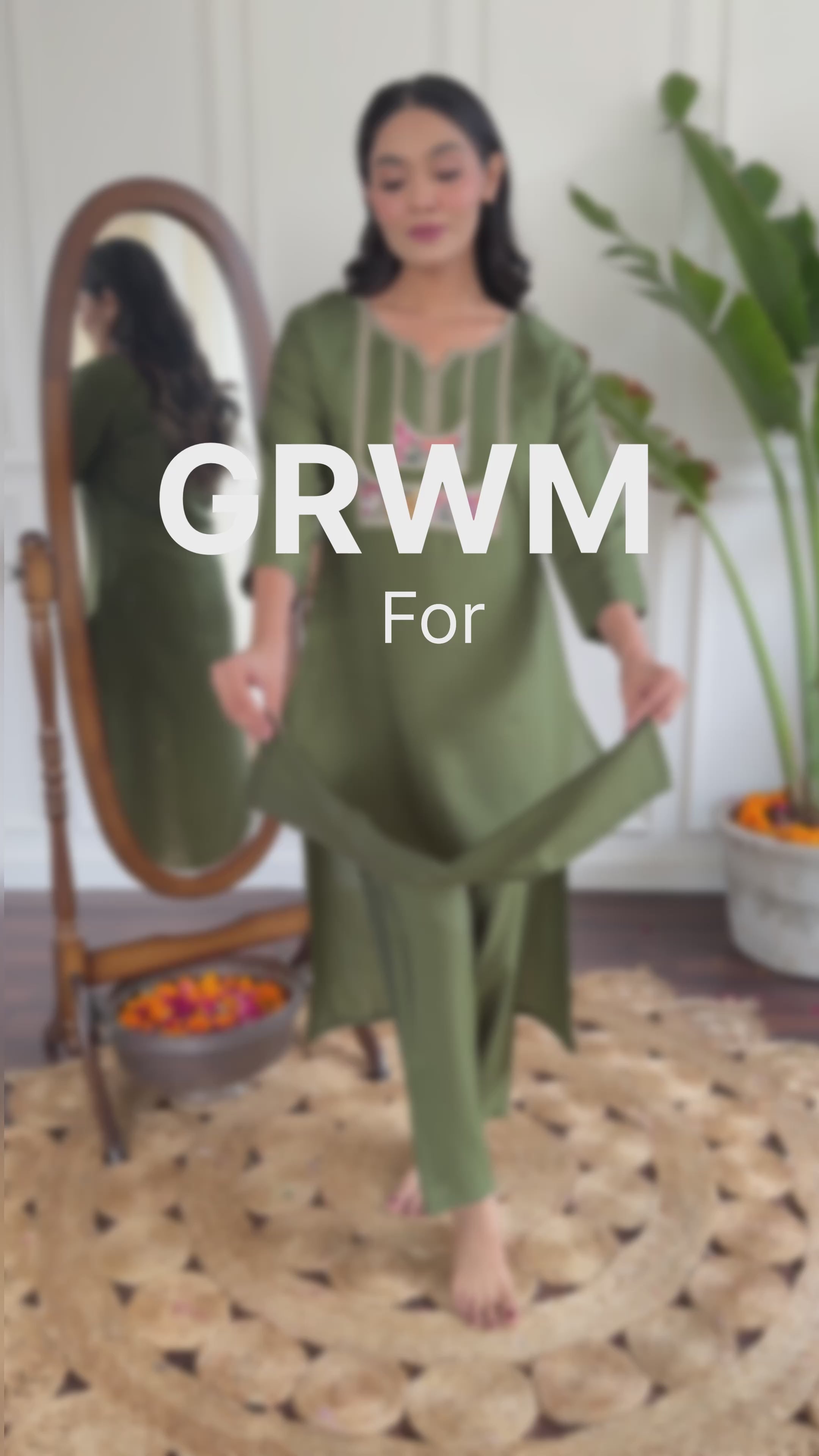 Women's Chanderi Green Kurta Set with Embroidered Yoke, 3/4 Sleeve, Round-Neck, Floral Printed Dupatta