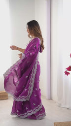 Wine Georgette Saree with White Embroidery and Scalloped Borders