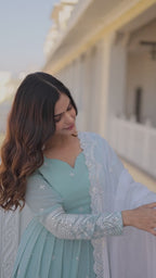 Women’s Sky Blue Designer Gown – Luxury Thread & Sequins Embroidery