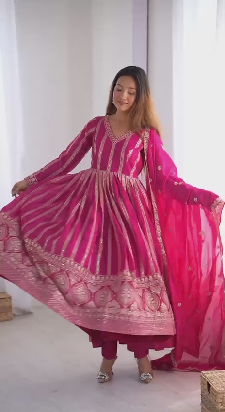 Women's Rani Pink Georgette Gown – Graceful Ethnic Wear for Festive & Party Occasions