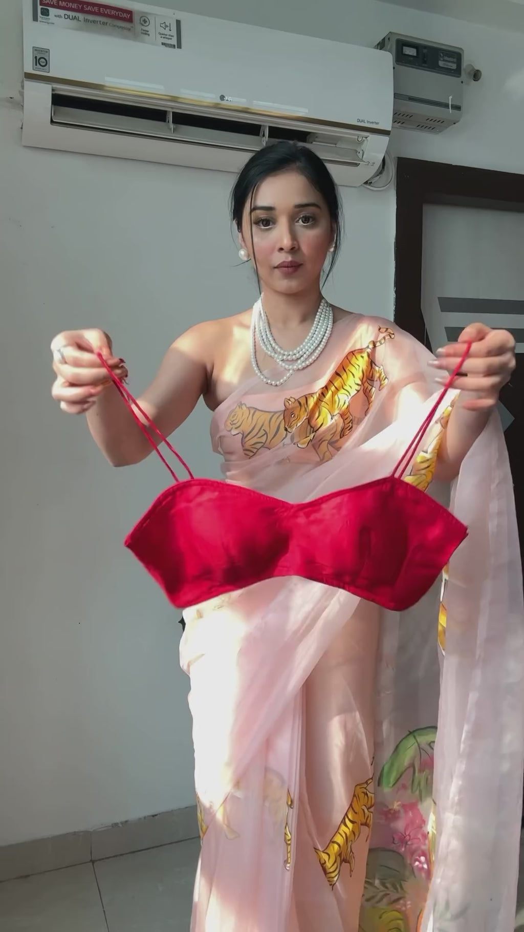 Red Organza Ready-to-Wear Saree for Women – Elegant Pre-Stitched Party & Festive Wear