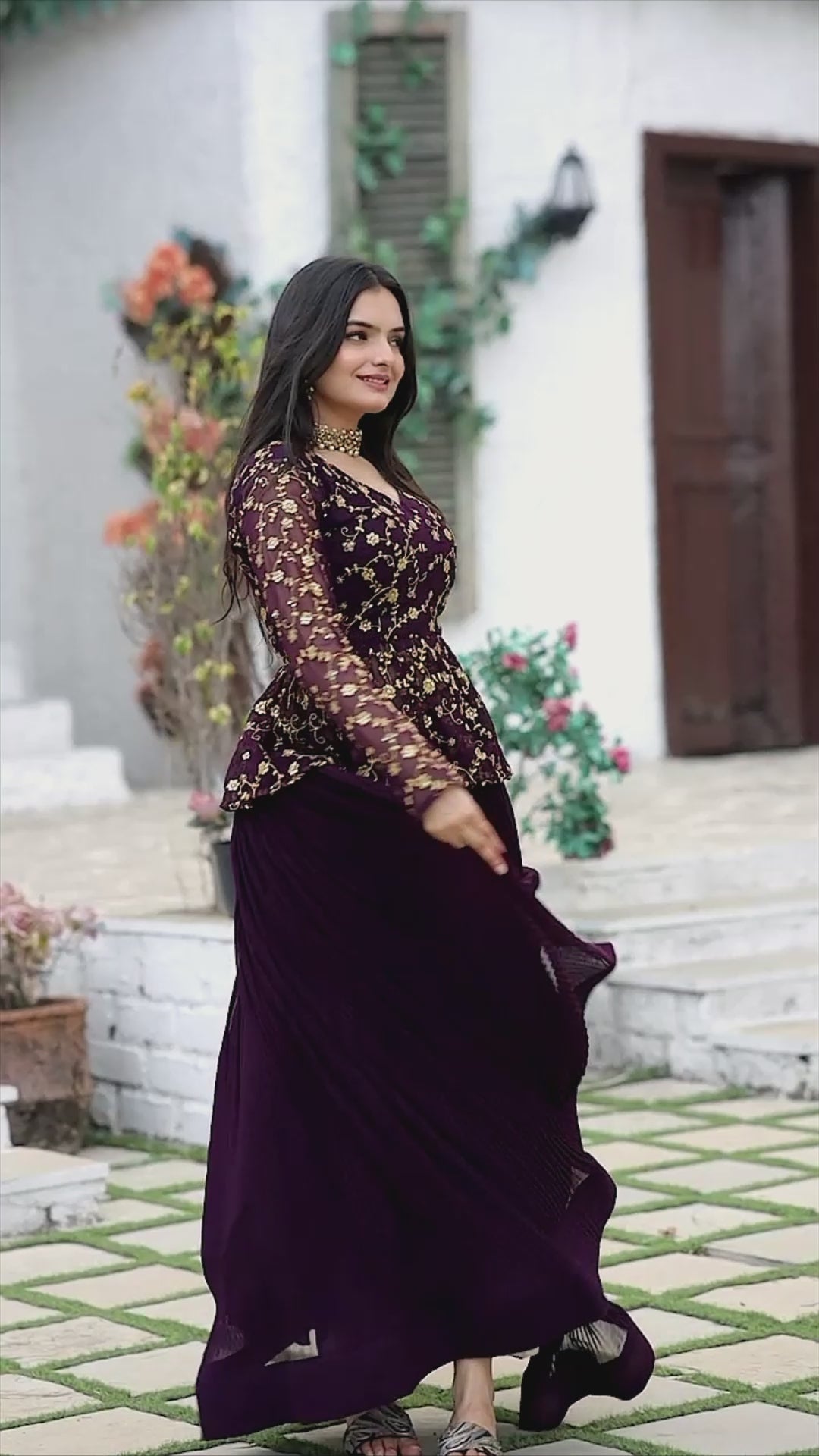 Elegant Faux Blooming Pleated Lehenga with Embroidered Peplum Blouse – Full Stitched Set (Adjustable Size 38"–44") | 5 Mtr Flair