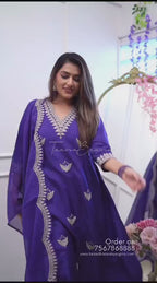 Women’s Purple Chanderi Embroidered Suit Set with One-Side Border Work Dupatta