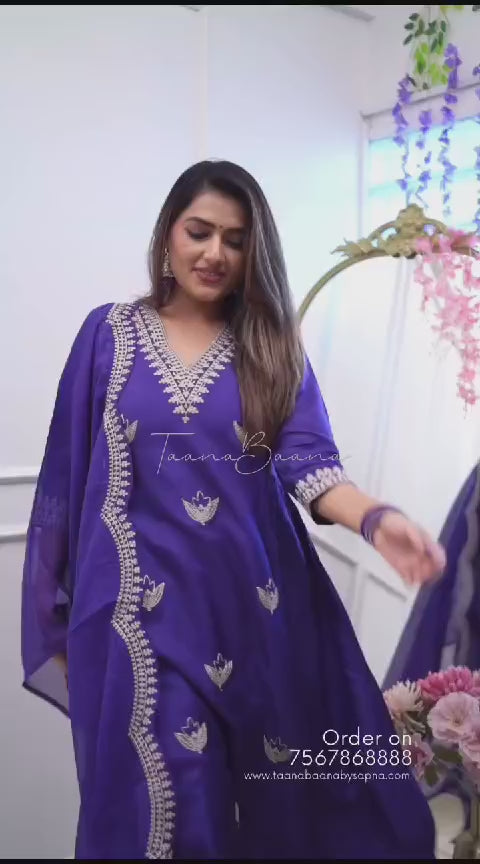 Women’s Purple Chanderi Embroidered Suit Set with One-Side Border Work Dupatta