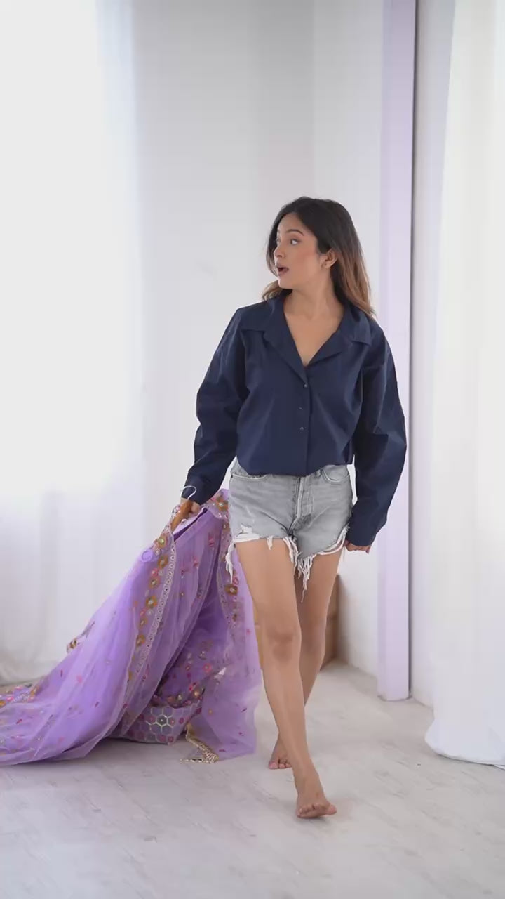 Lavender Semi-Stitched Embroidered Net Lehenga Choli Set – Timeless Beauty in Every Thread