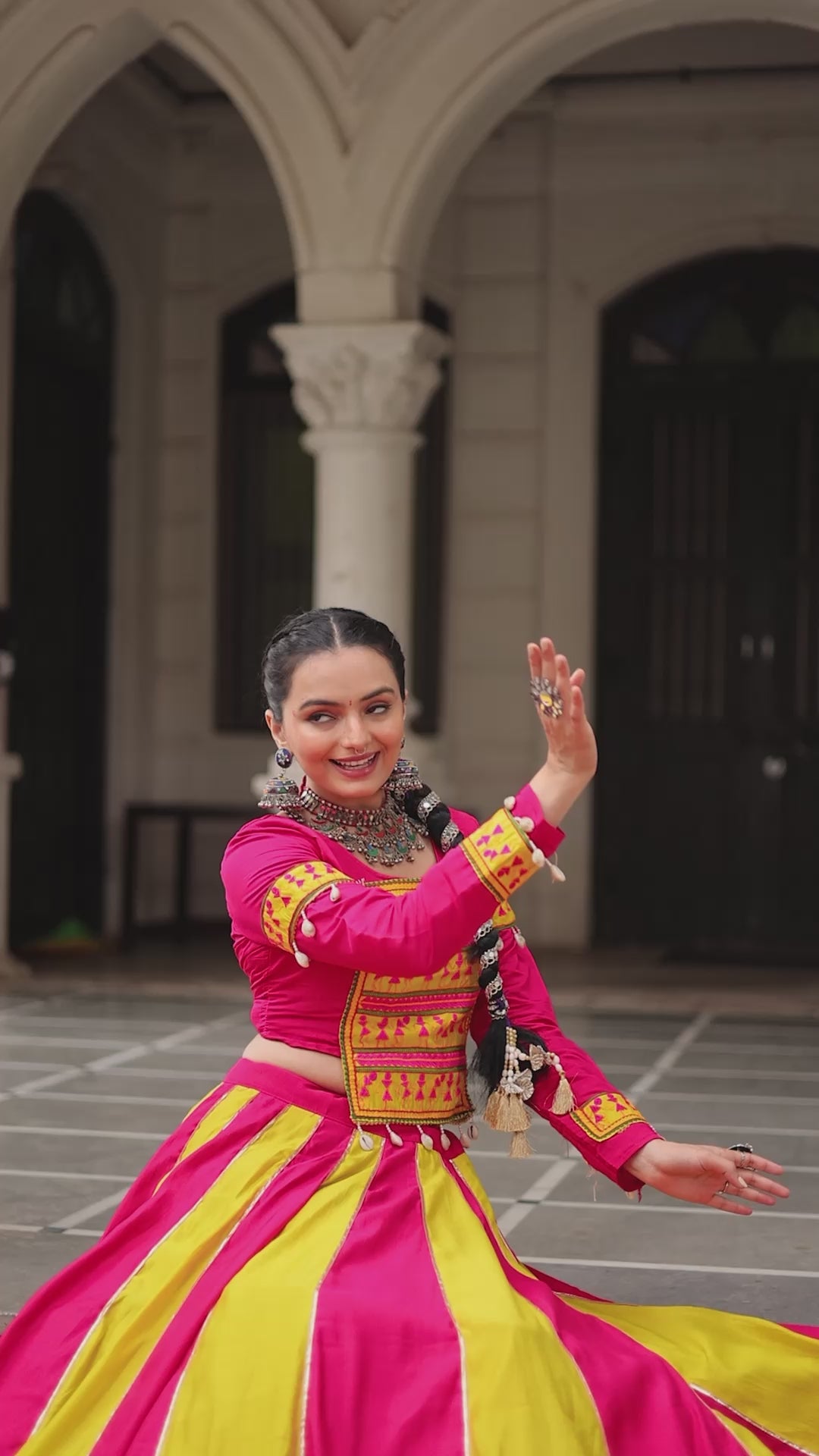 Roman Fabric Lehenga Choli Set with Mirror Lace & Gamthi Embroidered Work (Full-Stitched)