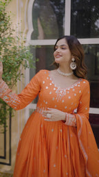 Women’s Orange American Crepe Gown – Vibrant Ethnic Wear for Festive & Daily Elegance