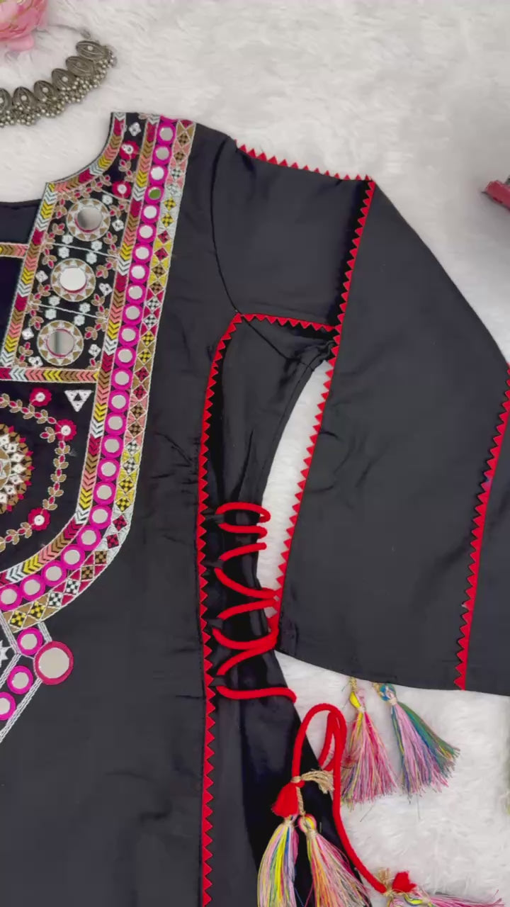 Women’s Black Rayon Kurta Set with Thread Embroidery, Real Mirror Work, Tassels & Fancy Lace Detailing