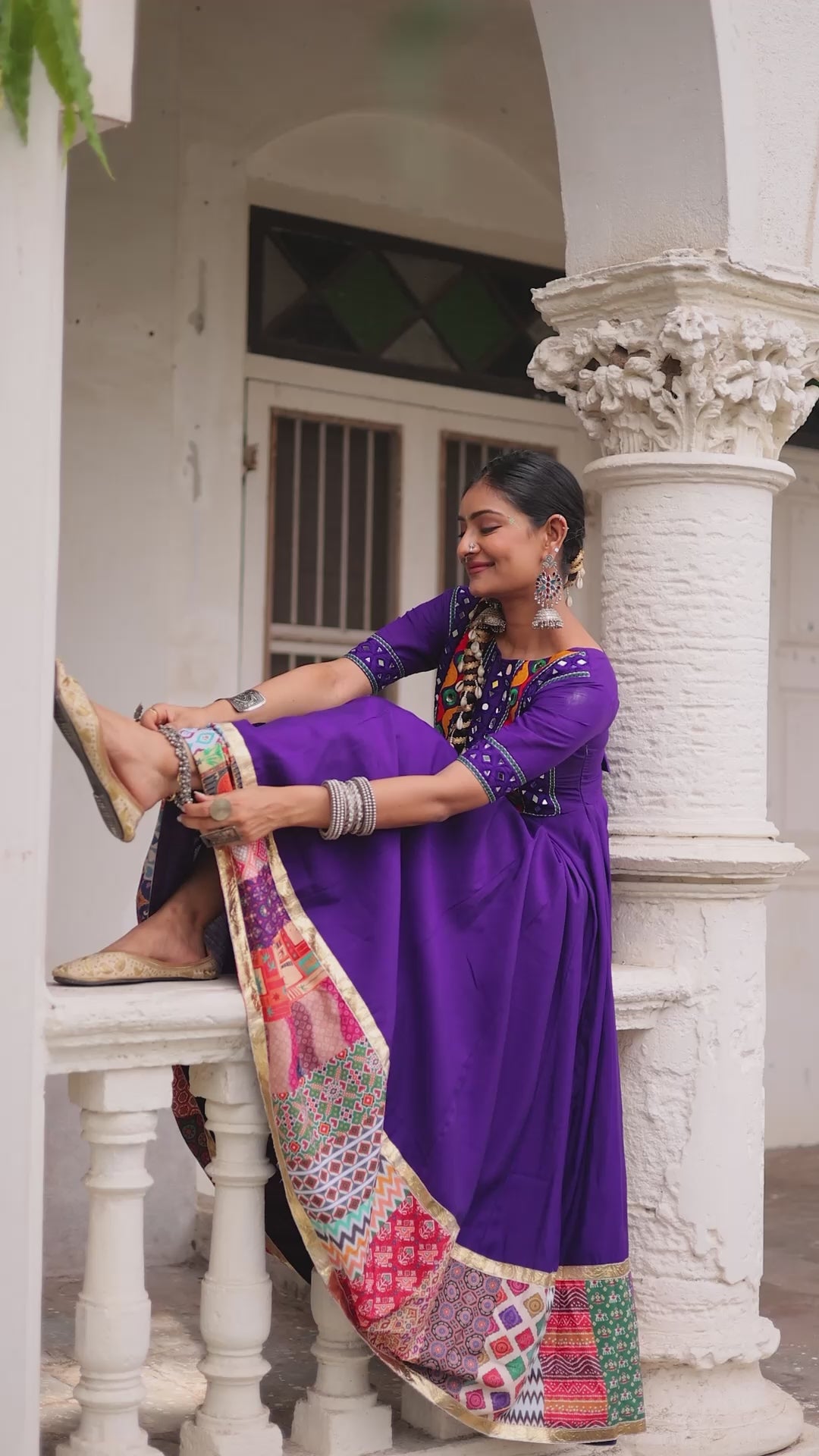 Purple Roman Gown for Women with Multicolor Thread, Mirror Work & Maslin Crochet Print – Elegant Ethnic Wear (User can adjust From 38" to 44" for your body comfort)
