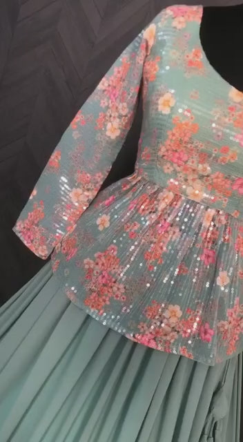 Stylish Faux Georgette Teal Lehenga with Floral Embroidered Peplum Blouse – Full Stitched Set (Adjustable Size 38"–44") | 5.5 Mtr Flair