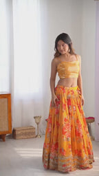 Women’s Yellow Designer Lehenga Choli – Thread Work, Sequins & Digital Print Detailing Semi-Stitched