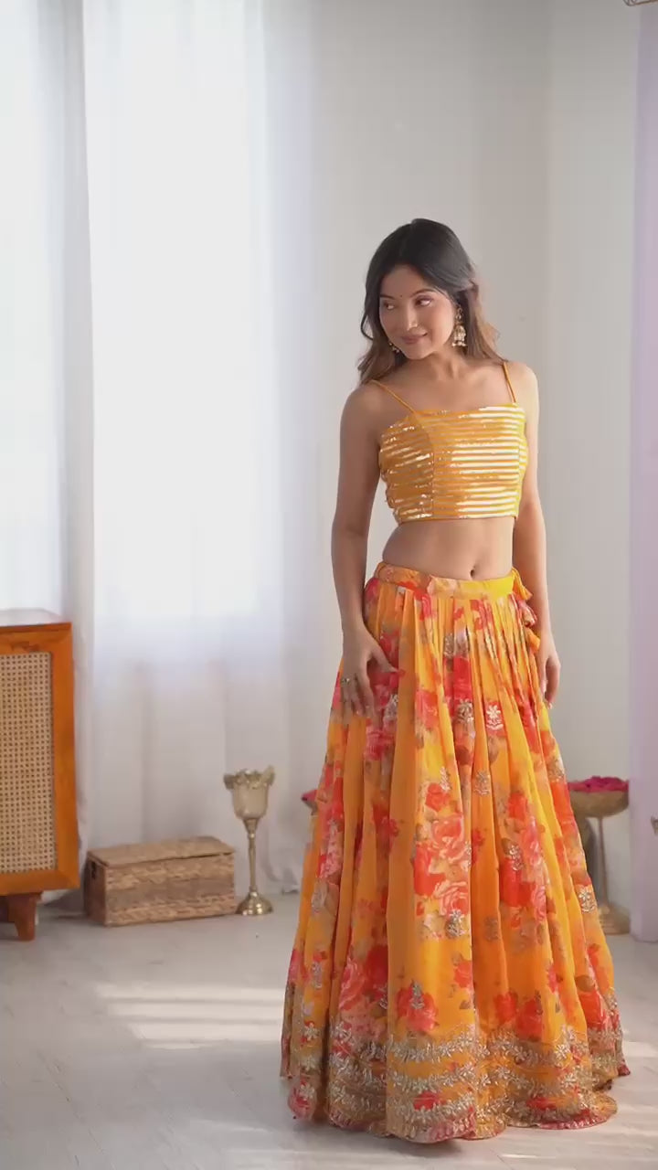 Women’s Yellow Designer Lehenga Choli – Thread Work, Sequins & Digital Print Detailing Semi-Stitched