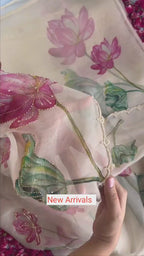 Pink Ready to Wear Organza Silk Saree with Printed & Handwork Detailing + Stitched Blouse