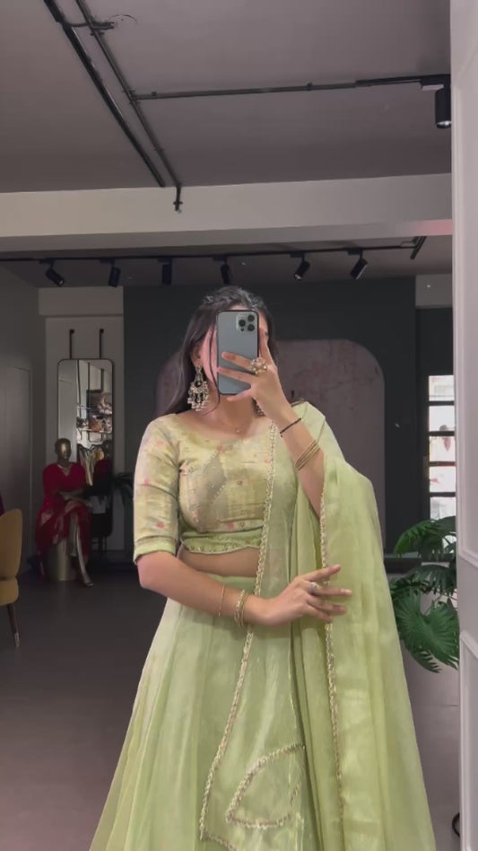 Tea Green Allen Crush Lehenga Set ā Heavy Flair Partywear Lehenga with Sequins Blouse & Dupatta