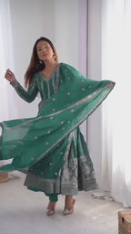 Women's Teal Georgette Gown – Graceful Ethnic Wear for Festive & Party Occasions