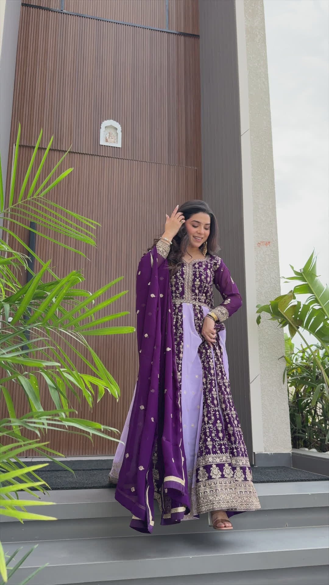 Luxury Faux Looming Wine Gown with Zari & Sequins Embroidery and Matching Dupatta – Kali Pattern Stitching