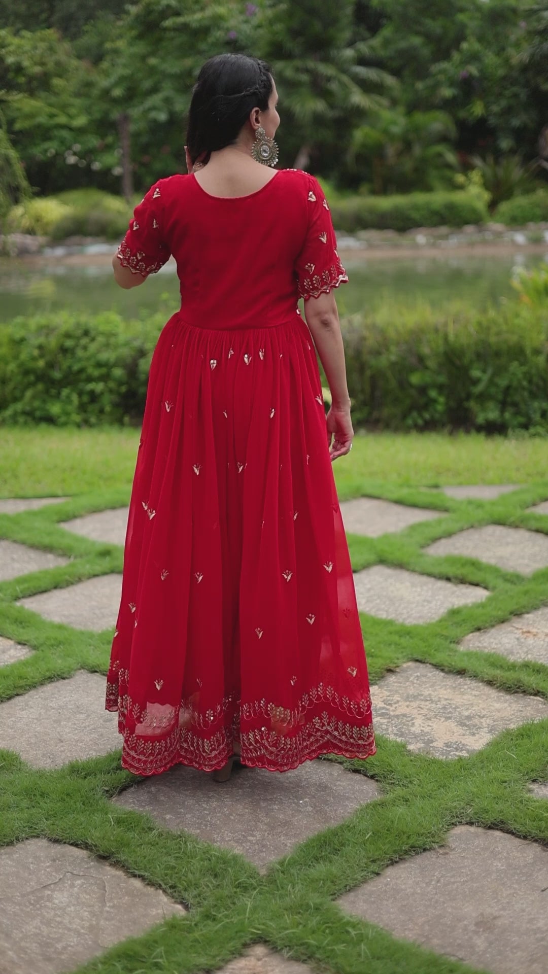 Women’s Red Georgette Gown – Elegant Designer Wear with Embroidered Detailing