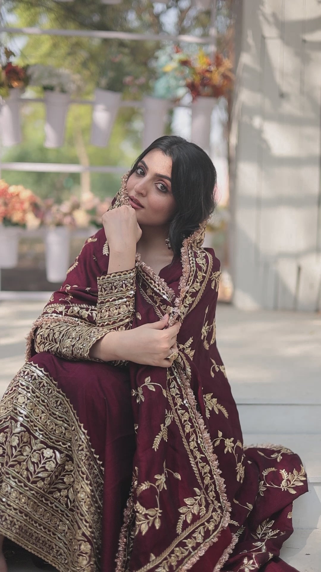 Women’s Maroon Silk Gown – Elegant Designer Wear with Embroidered Detailing