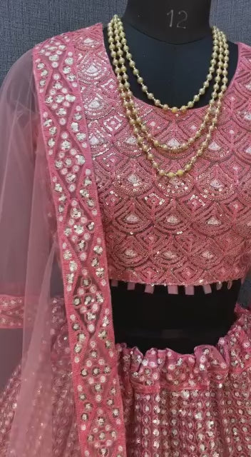 Pink Net with Cancan Heavy Sequence Embroidered Work Semi-Stitched Lehenga Choli