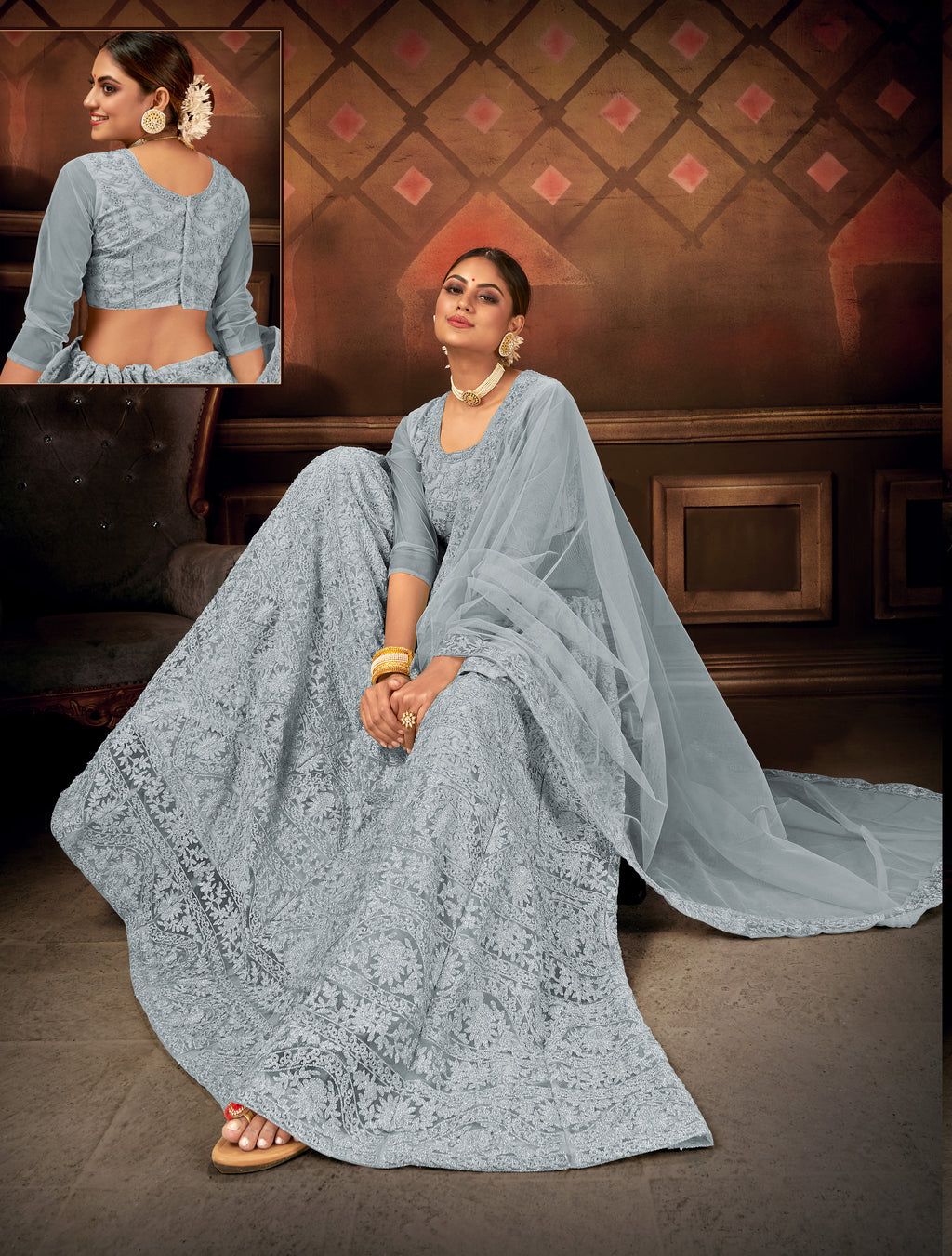 GREY EMBROIDERED NET SEMI STITCHED LEHENGA