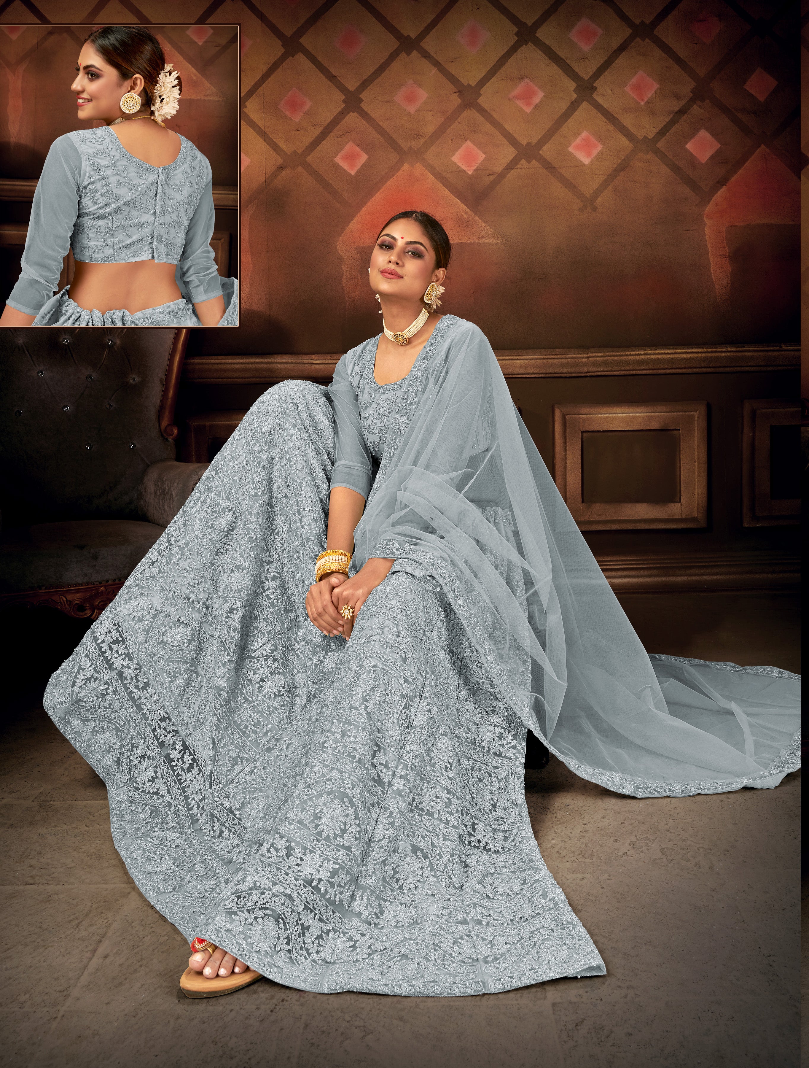 GREY EMBROIDERED NET SEMI STITCHED LEHENGA