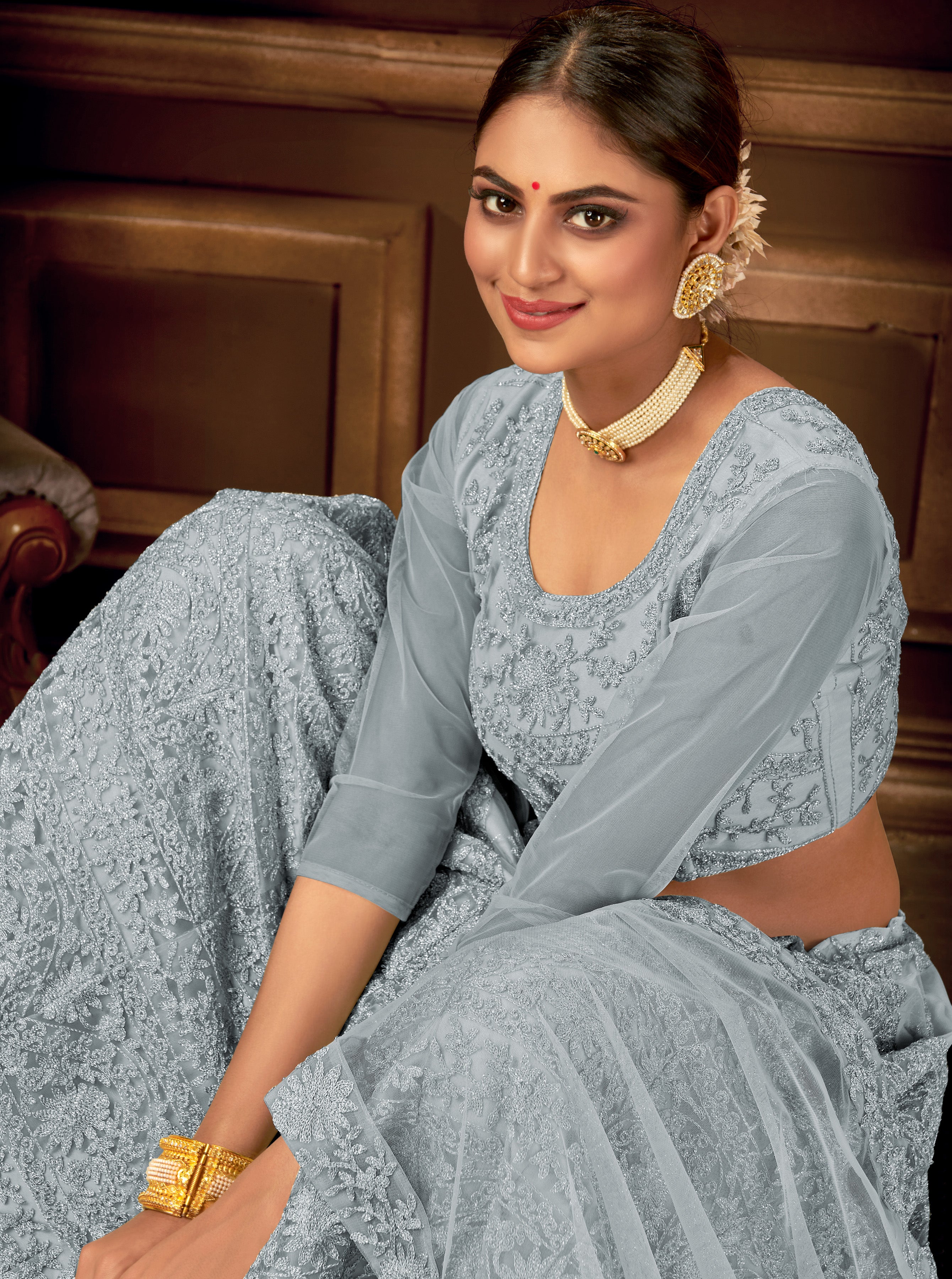 GREY EMBROIDERED NET SEMI STITCHED LEHENGA