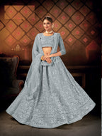 GREY EMBROIDERED NET SEMI STITCHED LEHENGA