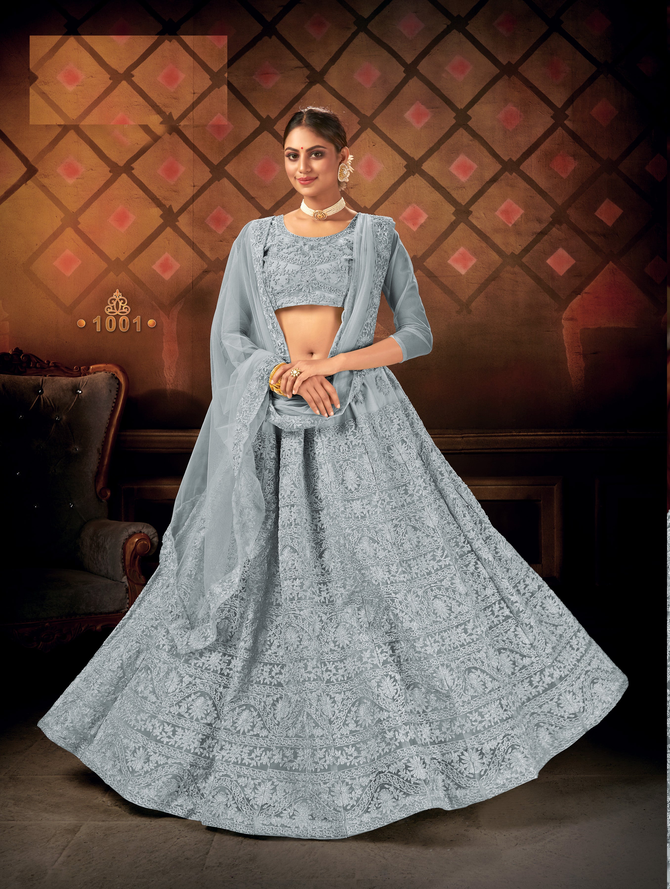 GREY EMBROIDERED NET SEMI STITCHED LEHENGA