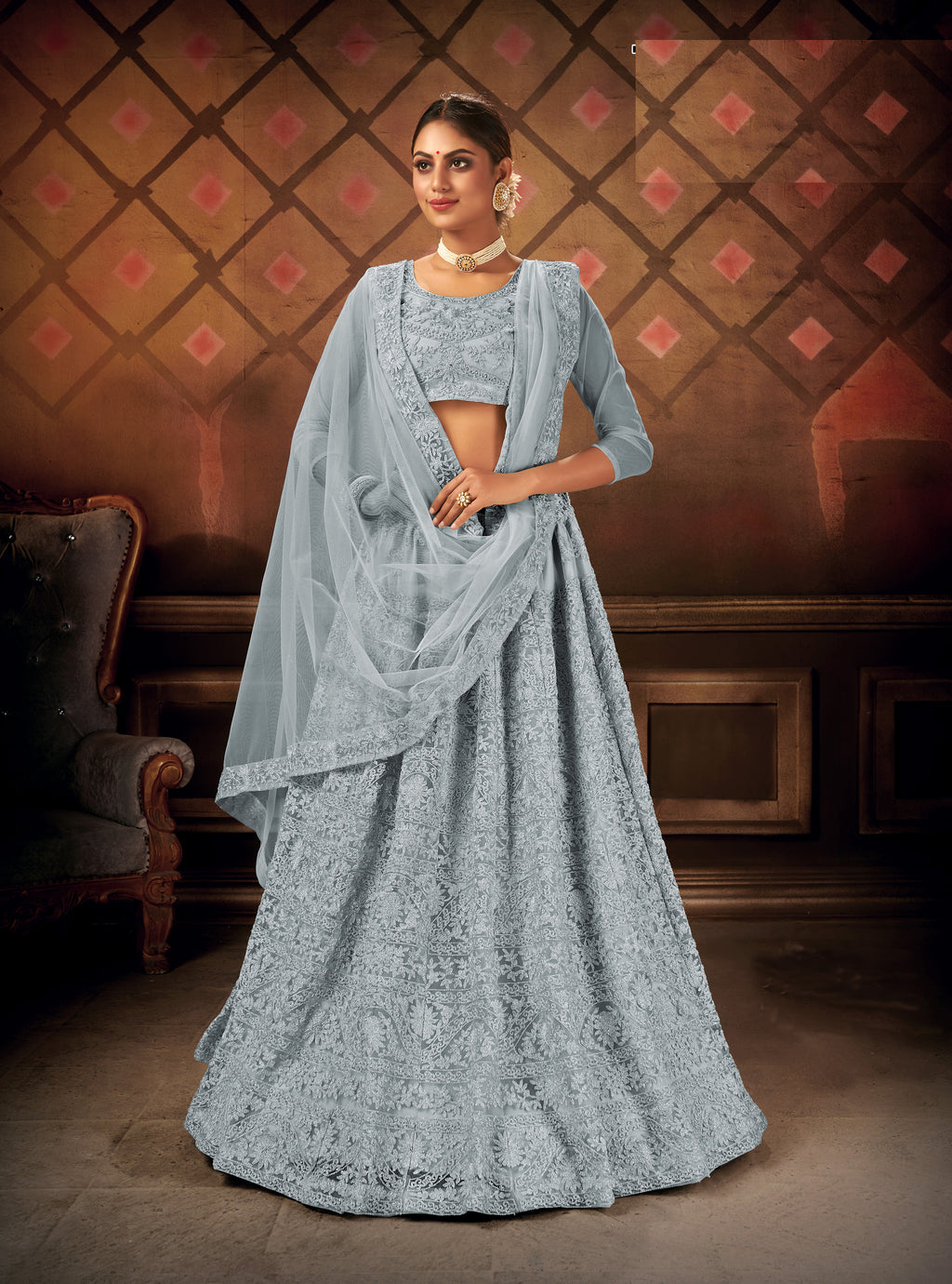 GREY EMBROIDERED NET SEMI STITCHED LEHENGA
