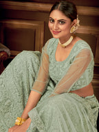 Pista Green Embroidered Net Semi Stitched Lehengha choli