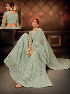 Pista Green Embroidered Net Semi Stitched Lehengha choli