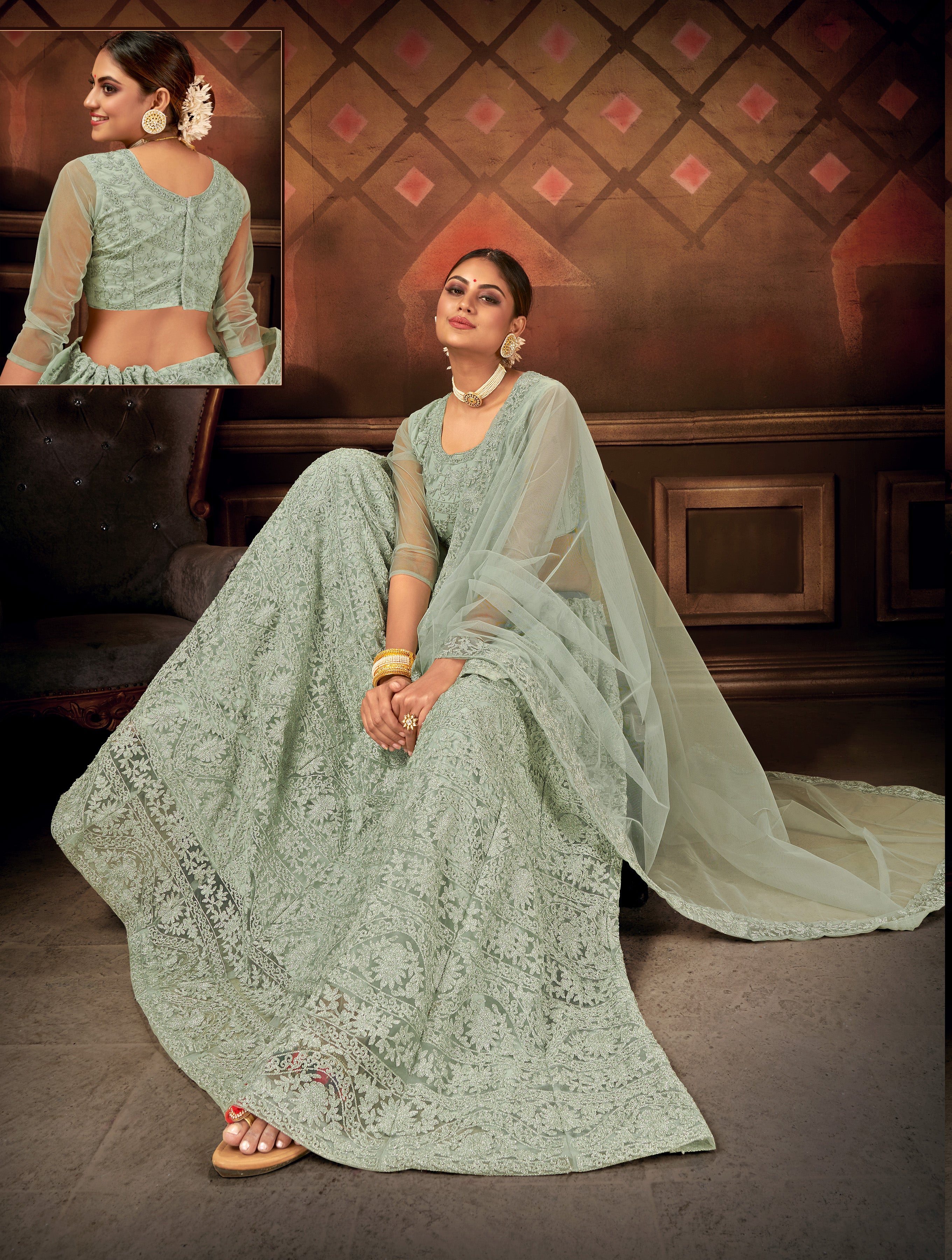 Pista Green Embroidered Net Semi Stitched Lehengha choli