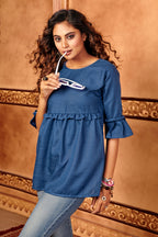 Indigo Blue Plain Patterned Cotton Silk Party-wear Tops and tunic