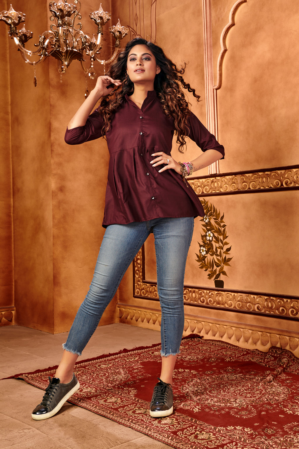 Maroon Designer Plain Cotton Partywear Tops
