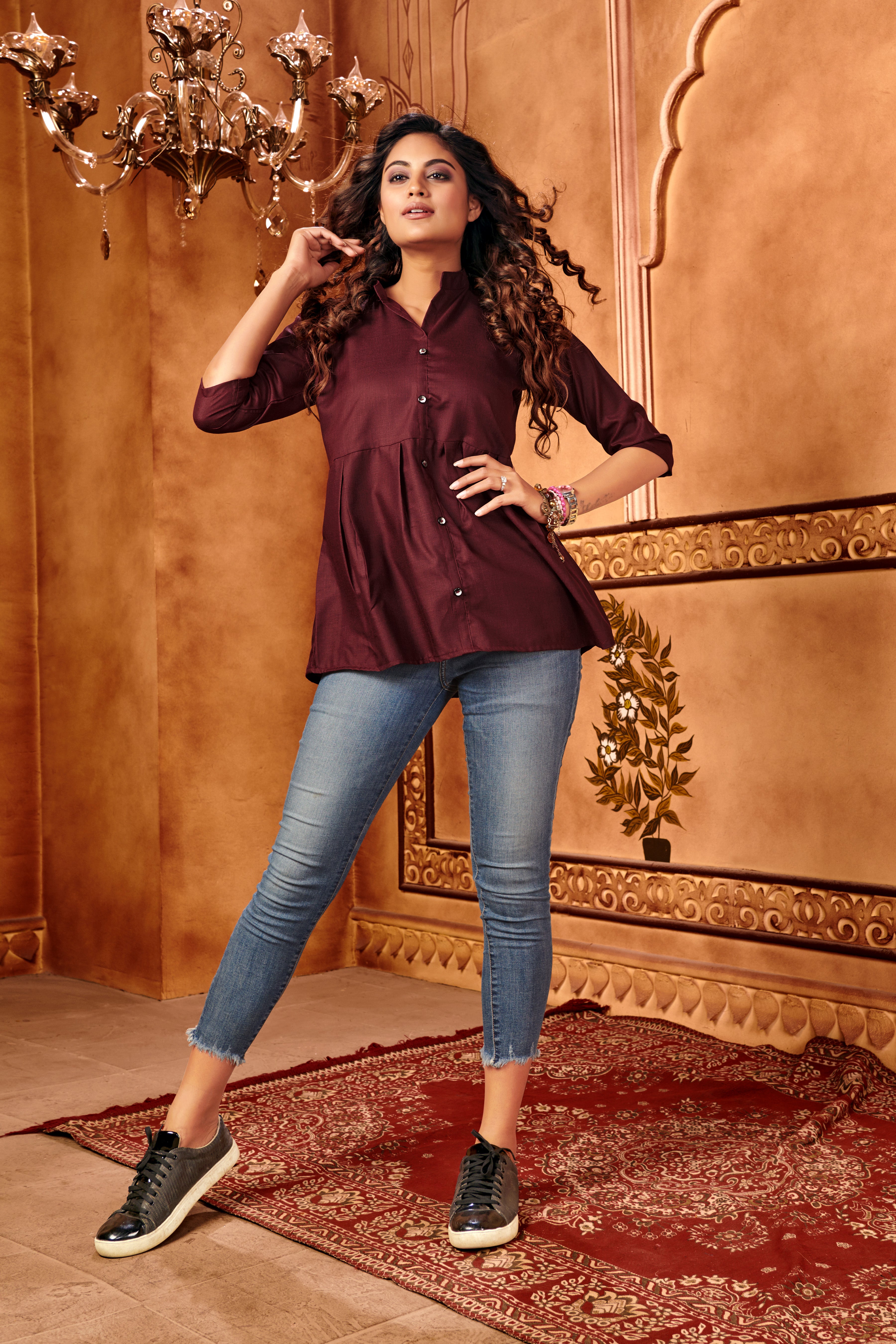Maroon Designer Plain Cotton Partywear Tops