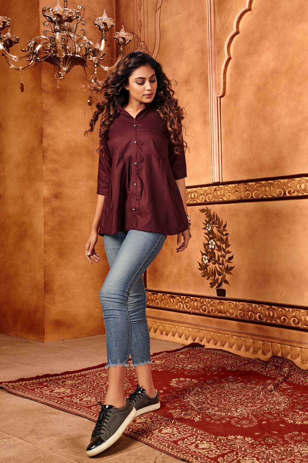 Maroon Designer Plain Cotton Partywear Tops