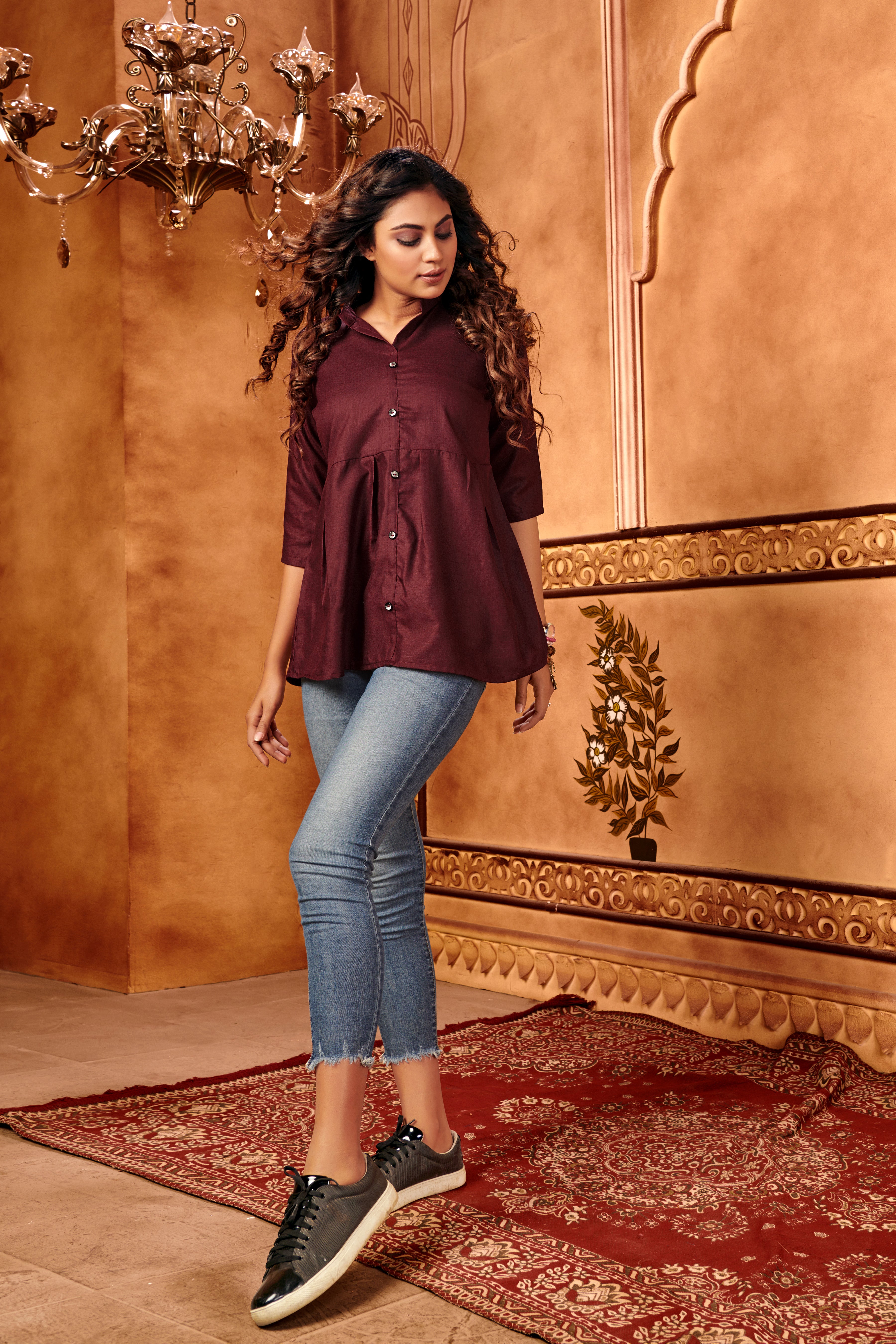 Maroon Designer Plain Cotton Partywear Tops
