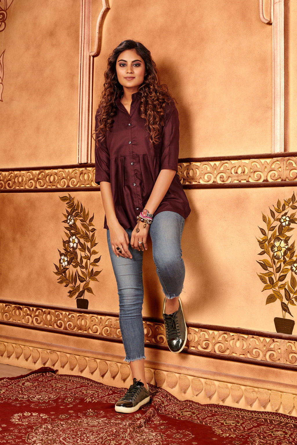 Maroon Designer Plain Cotton Partywear Tops