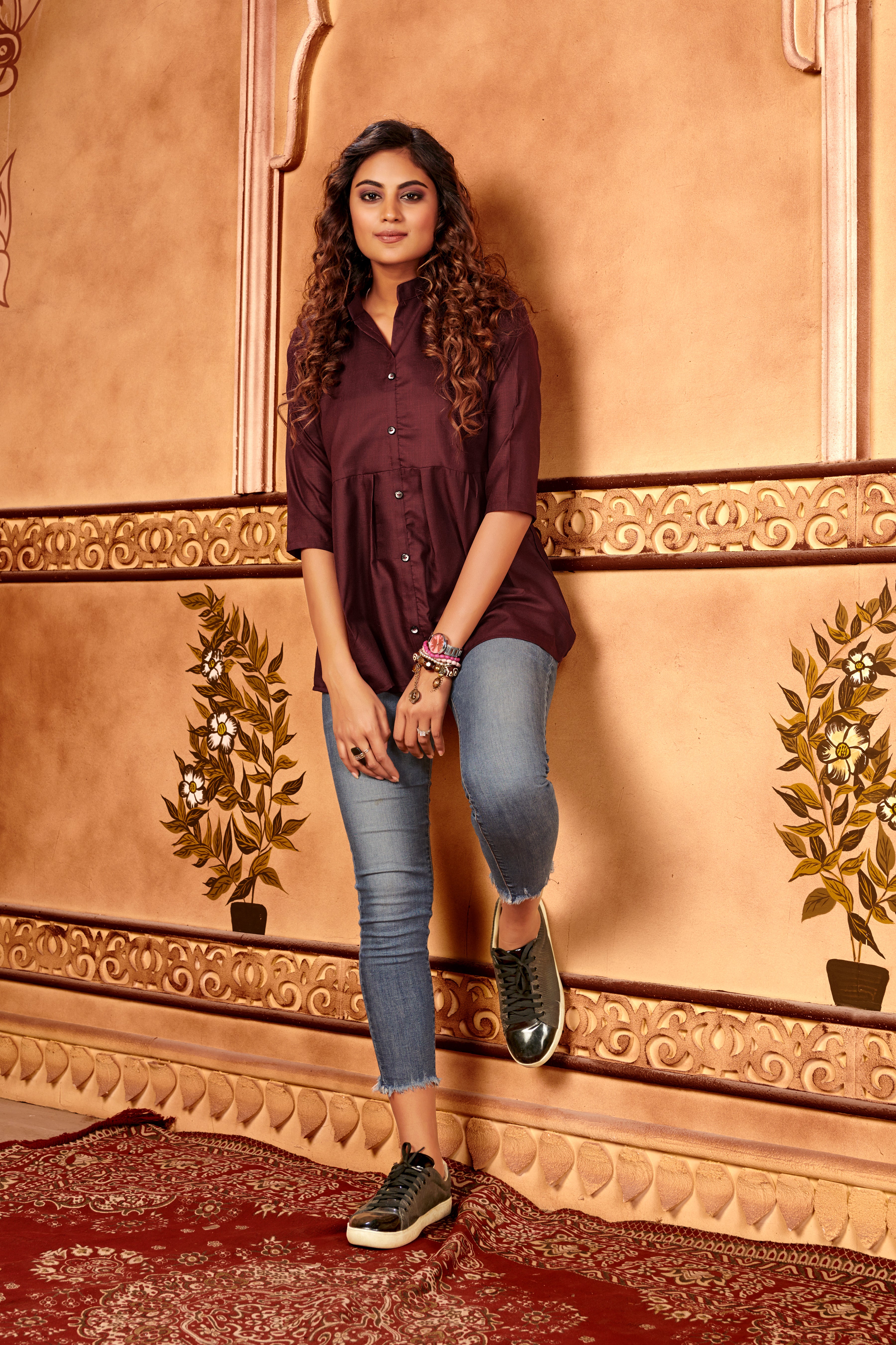 Maroon Designer Plain Cotton Partywear Tops
