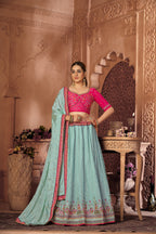 Aqua Blue Thread Chinon Trendy Semi-Stitched Lehenga Choli