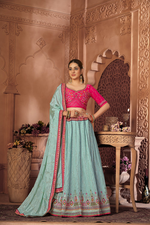 Aqua Blue Thread Chinon Trendy Semi-Stitched Lehenga Choli