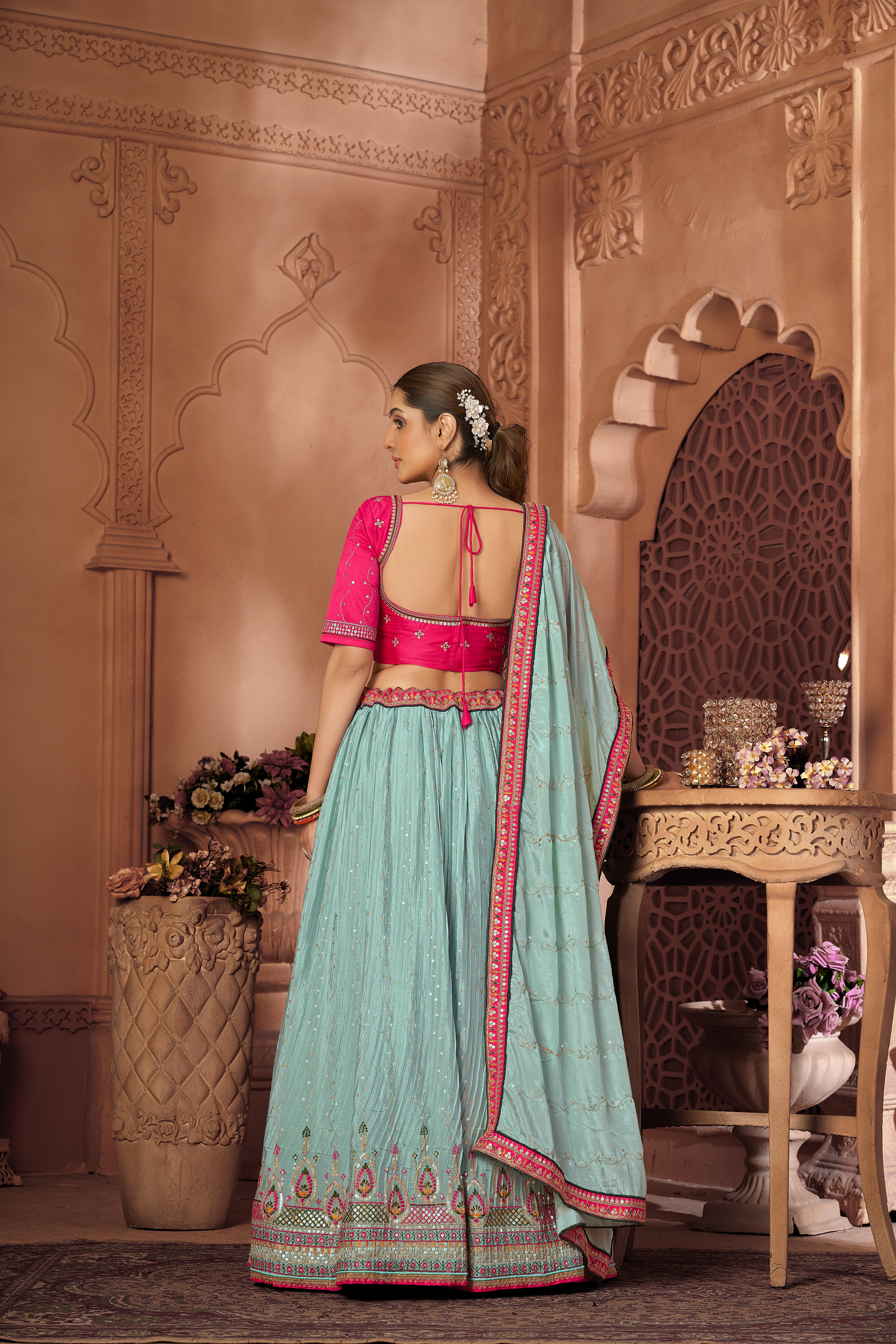 Aqua Blue Thread Chinon Trendy Semi-Stitched Lehenga Choli