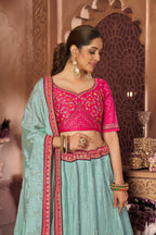 Aqua Blue Thread Chinon Trendy Semi-Stitched Lehenga Choli