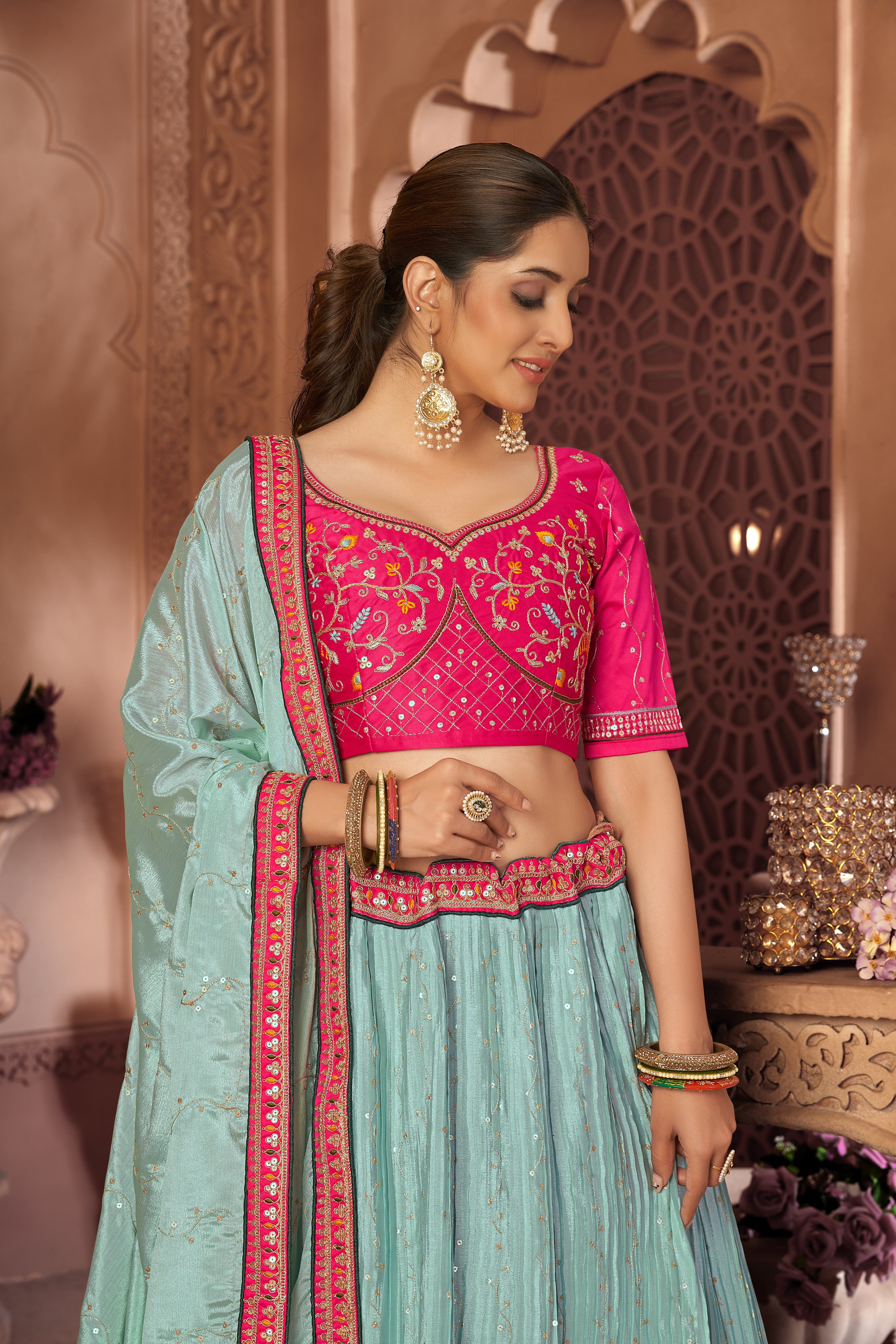 Aqua Blue Thread Chinon Trendy Semi-Stitched Lehenga Choli
