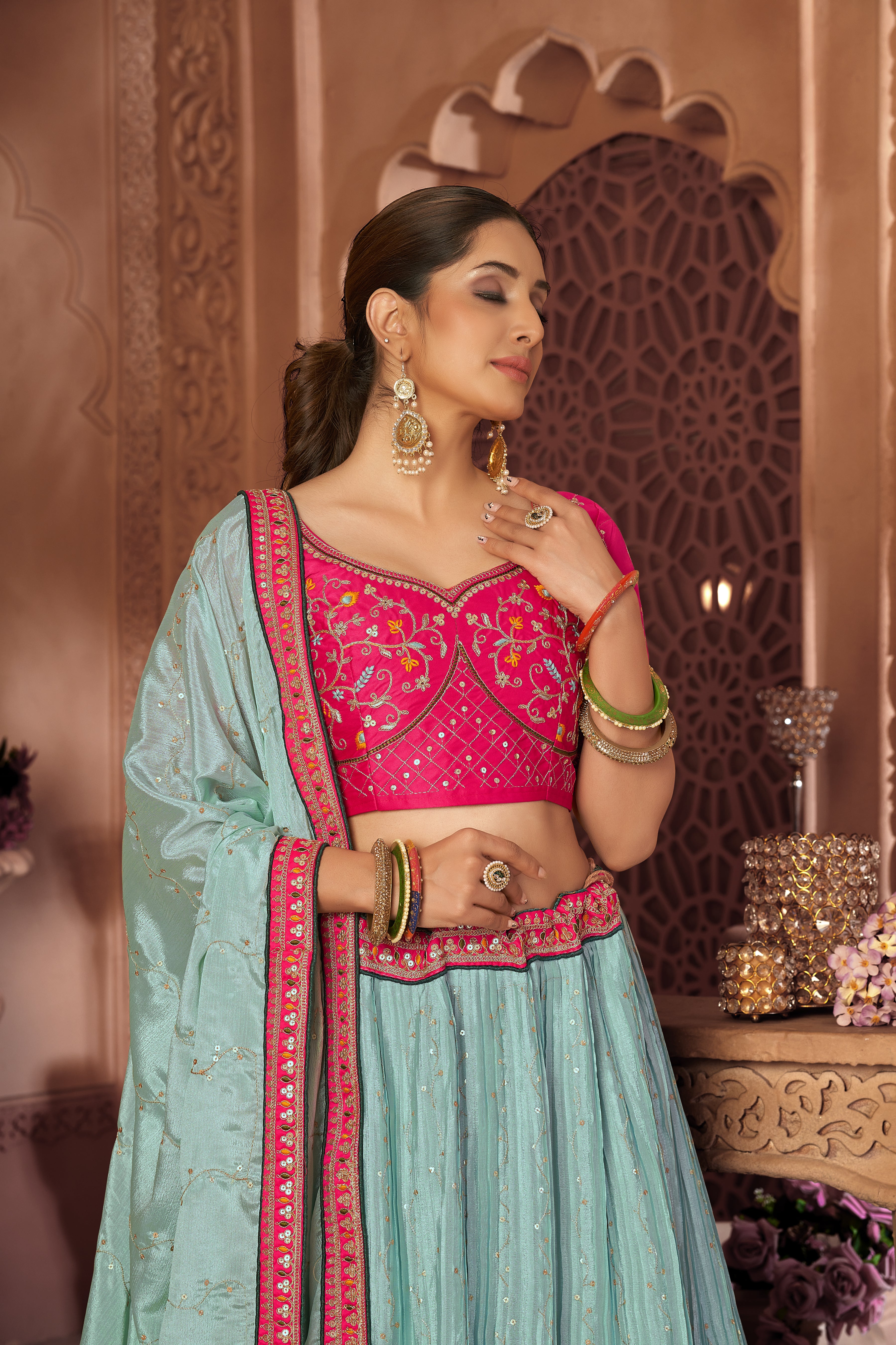 Aqua Blue Thread Chinon Trendy Semi-Stitched Lehenga Choli