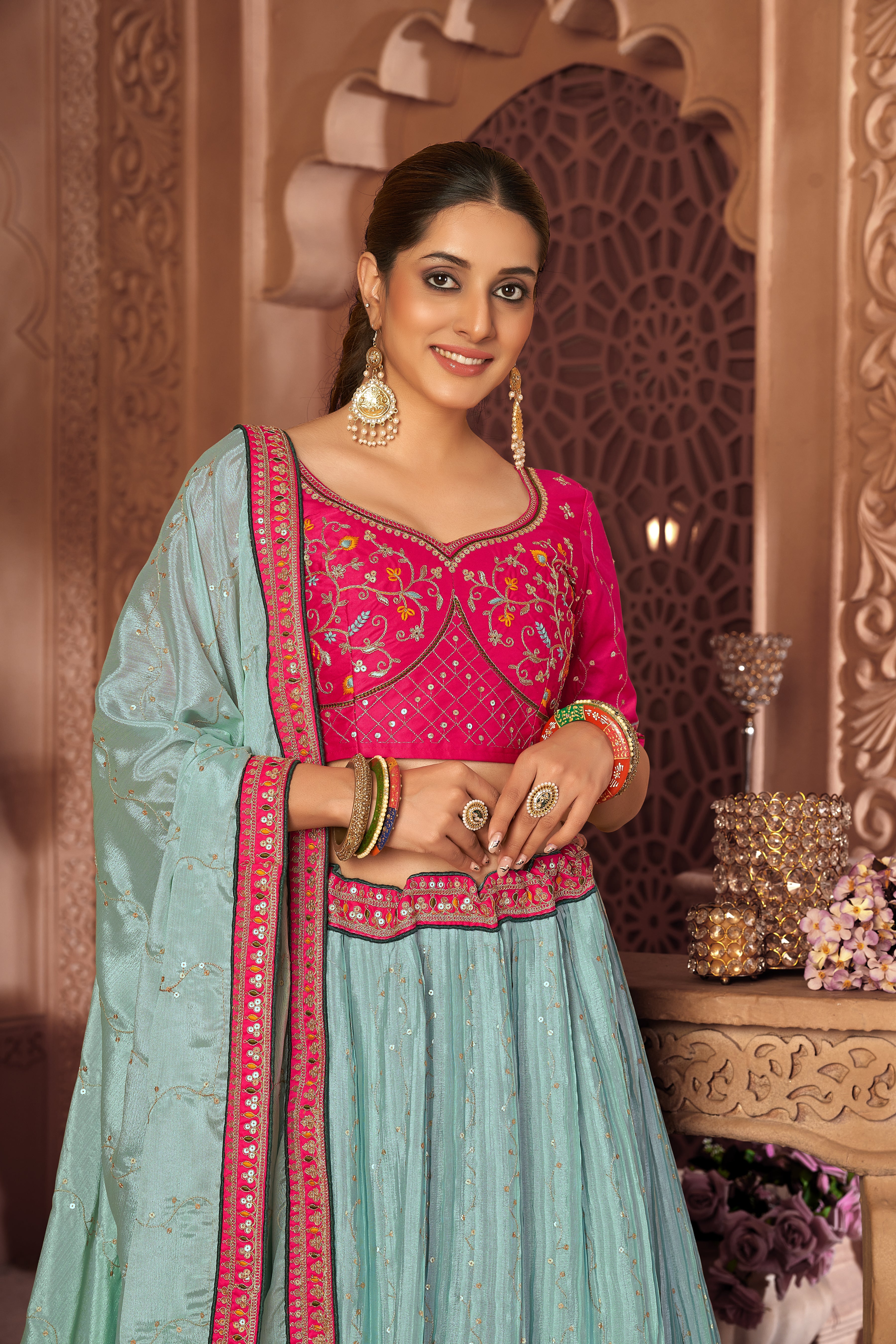 Aqua Blue Thread Chinon Trendy Semi-Stitched Lehenga Choli