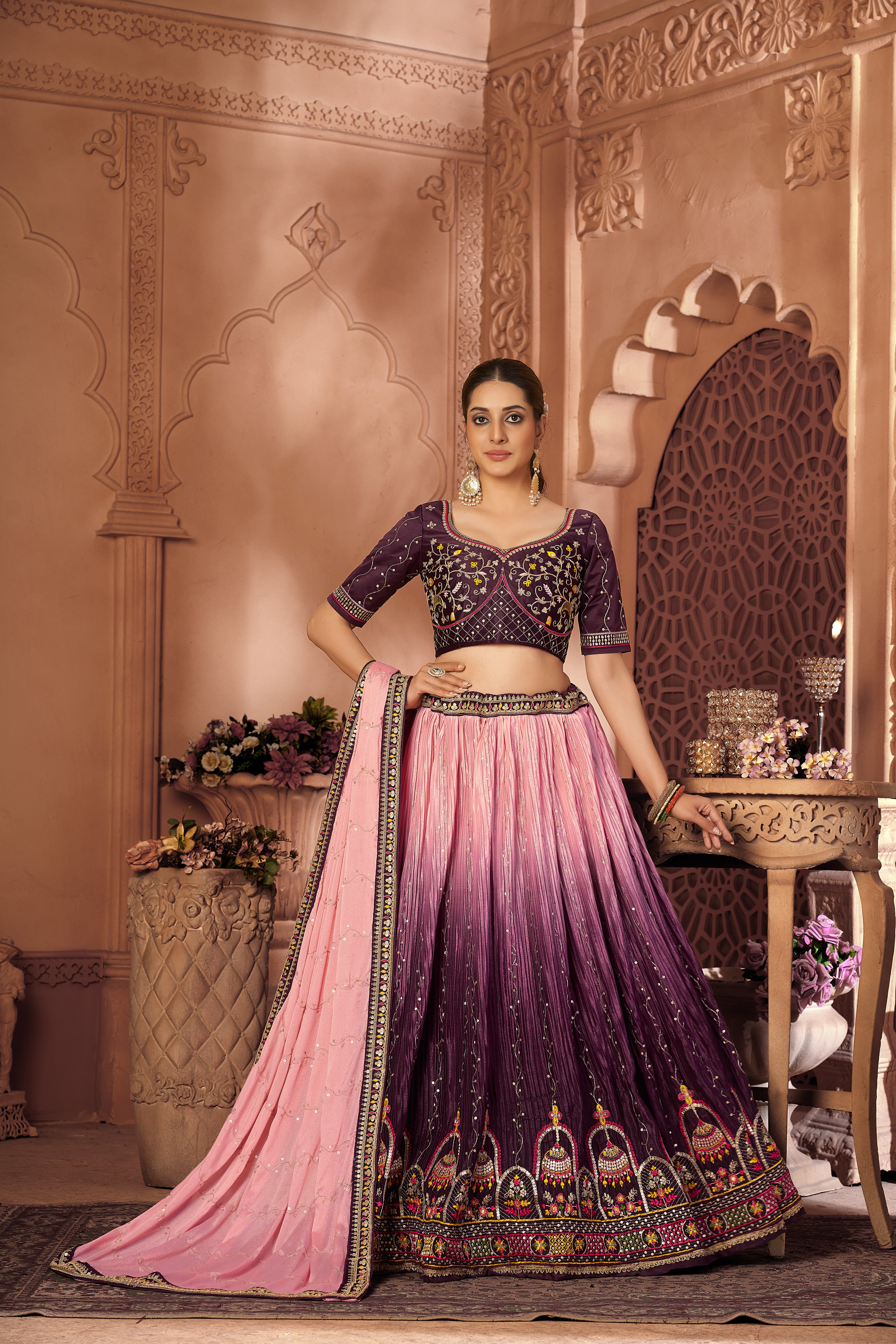 Pink And Purple Thread Designer Long Semi-Stitched Lehenga Choli